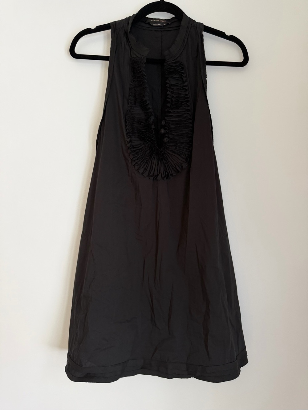 BCBGMAXAZRIA Black Sleeveless Ruffle A-Line Knee Length Dress Size M